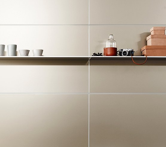 Thin metal shelf, invisibly attached to the rear wall, with high load capacity