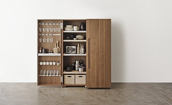 Each kitchen utensil can be stored practically within the doors of the tool cabinet